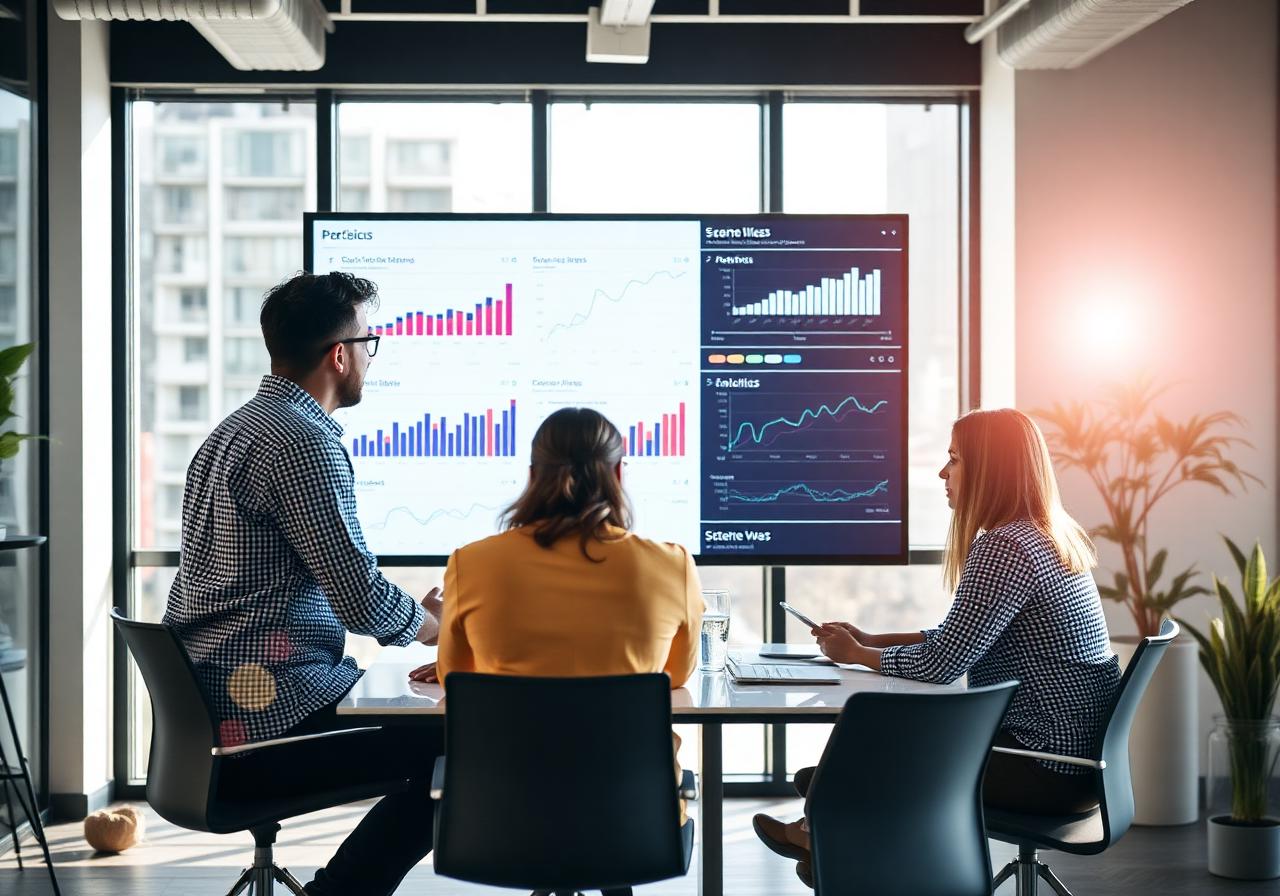 Marketing team collaborating around analytics dashboards